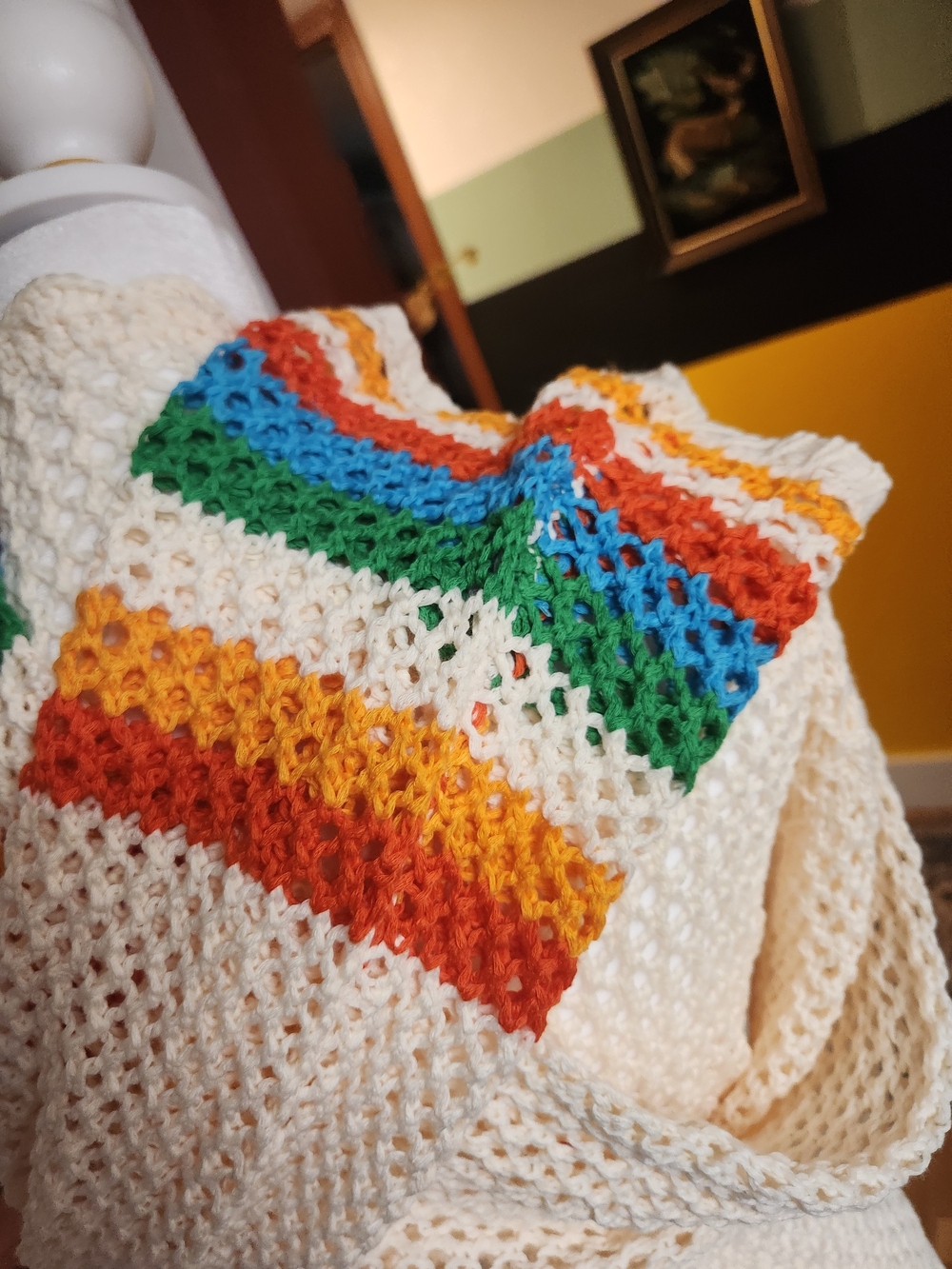 Retro Crochet Granny Square Open-Stitch Cardigan with Boho Rainbow Cuffs - Picture 8 of 8